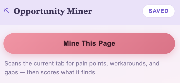 Opportunity Miner extension popup with a Mine This Page button